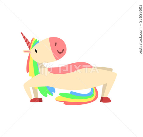 Funny Unicorn in Bridge Position, Fantasy Beautiful Horse Character with Rainbow Mane and Tail 53659602