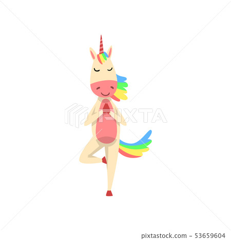 Funny Unicorn Meditating in Tree Position, Fantasy Beautiful Horse Character with Rainbow Mane and Funny Unicorn Meditating in Tree Position, Fantasy Beautiful Horse Character with Rainbow Mane and 53659604