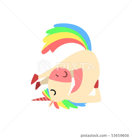 Lovely Funny Unicorn Character with Rainbow Mane and Tail Practicing Yoga Exercise Vector Lovely Funny Unicorn Character with Rainbow Mane and Tail Practicing Yoga Exercise Vector 53659608