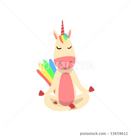 Funny Unicorn Meditating in Lotus Position, Fantasy Beautiful Horse Character with Rainbow Mane and 53659612