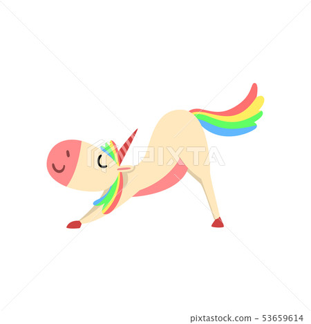 Funny Unicorn Character with Rainbow Mane and Tail Doing Yoga Exercise Vector Illustration Funny Unicorn Character with Rainbow Mane and Tail Doing Yoga Exercise Vector Illustration 53659614