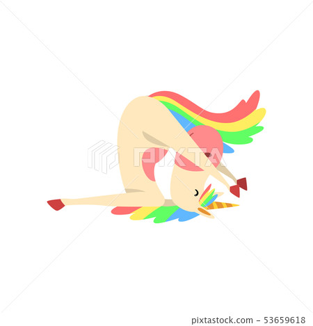 Funny Unicorn Practicing Yoga Exercise, Fantasy Beautiful Horse Character with Rainbow Mane and Tail Funny Unicorn Practicing Yoga Exercise, Fantasy Beautiful Horse Character with Rainbow Mane and Tail 53659618