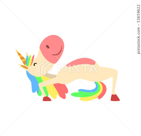 Funny Unicorn in Yoga Position, Fantasy Beautiful Horse Character with Rainbow Mane and Tail 53659622