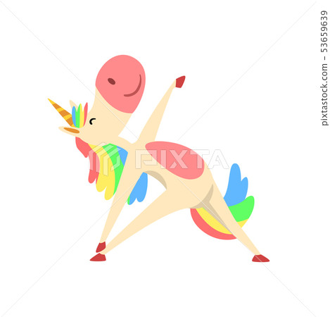 Funny Unicorn Character with Rainbow Mane and Tail Practicing Yoga Exercise Vector Illustration Funny Unicorn Character with Rainbow Mane and Tail Practicing Yoga Exercise Vector Illustration 53659639