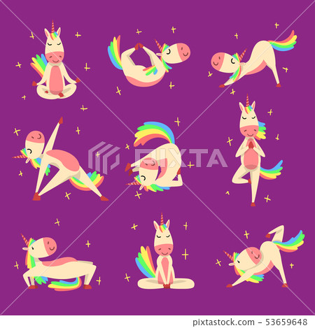 Funny Unicorn Practicing Yoga Exercises Set , Fantasy Lovely Horse Character with Rainbow Mane and 53659648