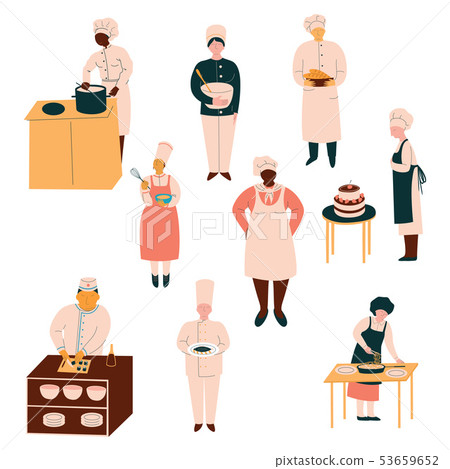 Cooks in Uniform Preparing and Serving Dishes Set, Chefs Cooking in Restaurant Kitchen Vector 53659652