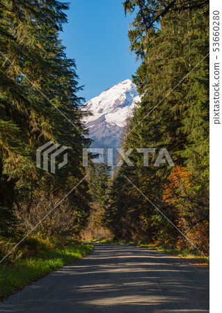 Baker Lake Road, surrounded by trees and snow-capped Baker Mountain in the background at North 53660280