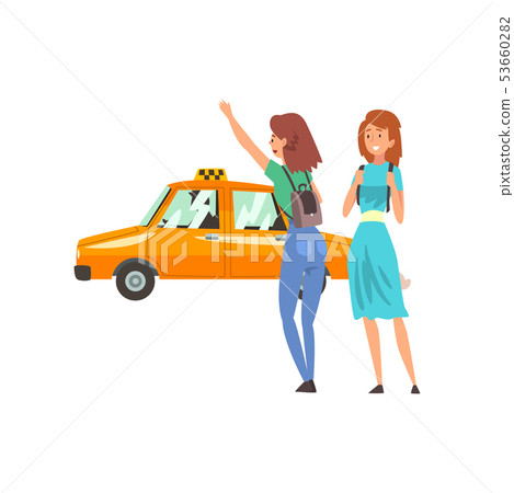 Taxi Service, Female Clients Hailing a Taxi Car Cartoon Vector Illustration Taxi Service, Female Clients Hailing a Taxi Car Cartoon Vector Illustration 53660282