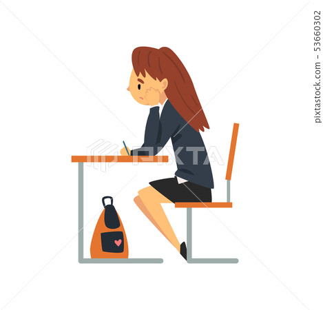 Bored Female Student Sitting At Desk In Stock Illustration