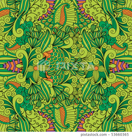 Green toned background with floral patterns 53660365