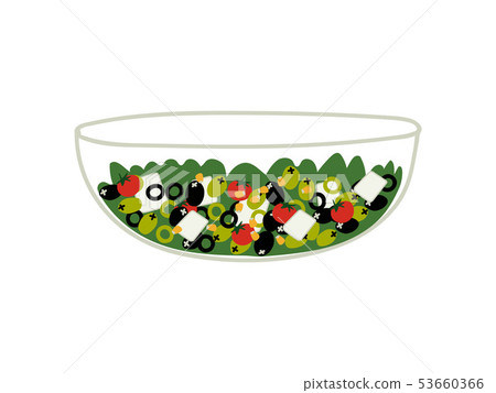 Delicious Salad with Lettuce, Tomatoes, Cheese and Olives in Glass Transparent Bowl, Fresh Healthy Delicious Salad with Lettuce, Tomatoes, Cheese and Olives in Glass Transparent Bowl, Fresh Healthy 53660366