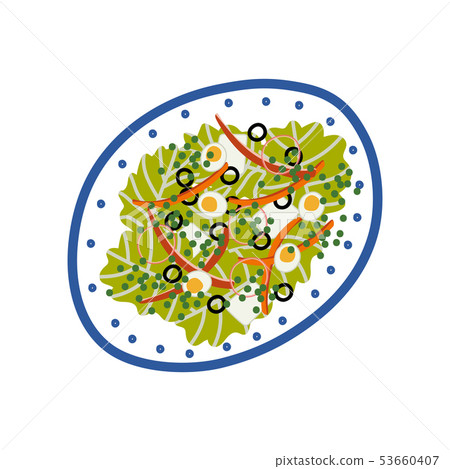 Delicious Salad with Lettuce, Eggs, Olives and Peace on Plate, Fresh Healthy Food, Top View Vector 53660407
