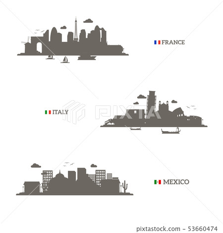 France, Italy and Mexico skyline silhouettes 53660474