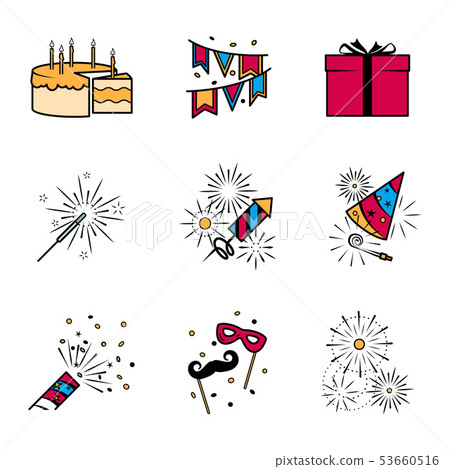 Party celebration fireworks icons set - Stock Illustration [53660516 ...