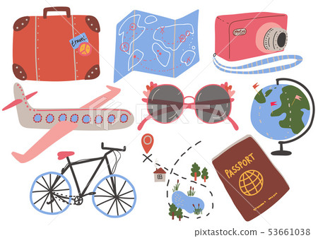 Travel Objects Collection, Suitcase, Map, Camera, Airplane, Sunglasses, Globe, Bicycle, Passport 53661038
