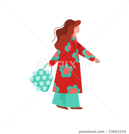 Beautiful Woman Dressed in Bright Stylish Seasonal Clothes Walking with Bag Vector Illustration 53661039