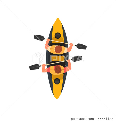 Two Men Paddling Double Kayak, Kayaking Water Sport, Outdoor Activities in Summertime, Top View Two Men Paddling Double Kayak, Kayaking Water Sport, Outdoor Activities in Summertime, Top View 53661122