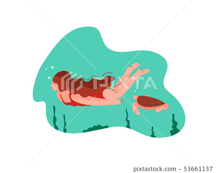 Girl Swimming and Diving in the Sea, Summer Outdoors Activities Vector Illustration 53661137