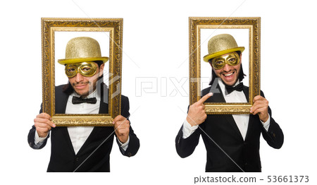 Funny man with picture frame on white Funny man with picture frame on white 53661373