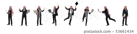 Arab businessman with computer on white Arab businessman with computer on white 53661434