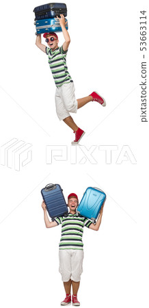 Young man with heavy suitcases isolated on white Young man with heavy suitcases isolated on white 53663114