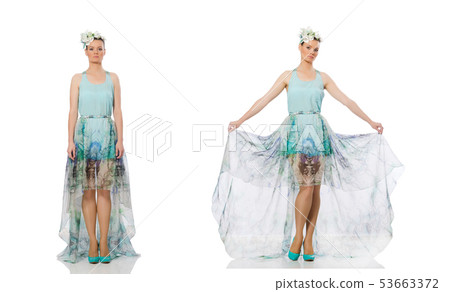 Caucasian model in blue floral dress isolated on white Caucasian model in blue floral dress isolated on white 53663372