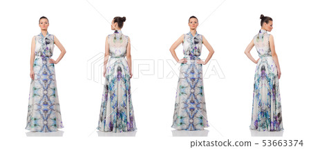 Beautiful girl in elegant long dress isolated on white Beautiful girl in elegant long dress isolated on white 53663374