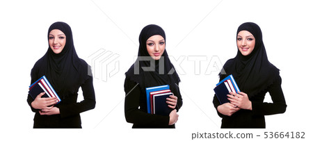 Young muslim woman with book on white Young muslim woman with book on white 53664182