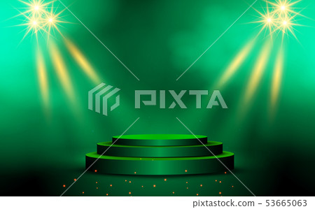 green podium and spotlight with smoke 53665063