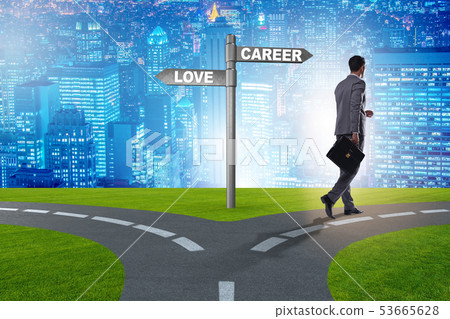 Businessman having hard choice between love and career Businessman having hard choice between love and career 53665628