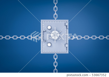 3d rendering of a metal money safe with chains leading from behind it in four different directions 3d rendering of a metal money safe with chains leading from behind it in four different directions 53667352