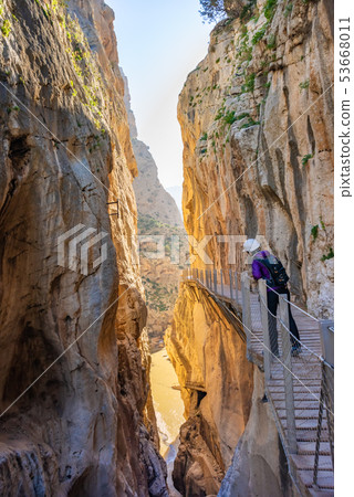 tourist woman in El Caminito del Rey tourist attraction Malaga, Spain 53668011