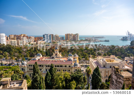Panoramic aerial view of Malaga in a beautiful summer day, Spain 53668018