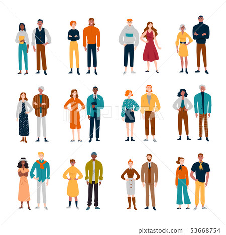 Couples of diverse people. Friends, pairs, business colleagues. 53668754