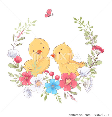 Postcard poster cute little chickens in a wreath of flowers. Hand drawing. Vector Postcard poster cute little chickens in a wreath of flowers. Hand drawing. Vector 53671205