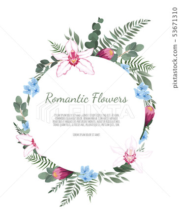Floral vector round frame with orchid and garden Floral vector round frame with orchid and garden 53671310