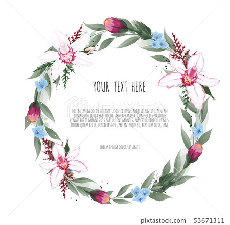 Floral vector round frame with orchid and garden Floral vector round frame with orchid and garden 53671311