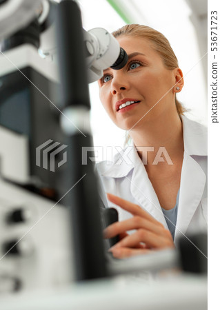 Pleasant smiling doctor being concentrated on pictures in device Pleasant smiling doctor being concentrated on pictures in device 53671723