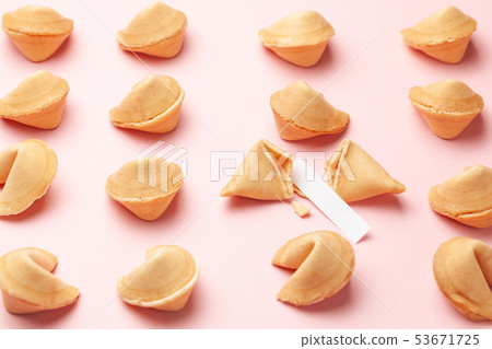 Chinese fortune cookies. Cookies texture pattern with empty blank inside for word prediction. Pink 53671725