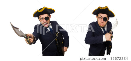 One eyed pirate with briefcase and sword isolated on white 53672284