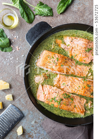 Grilled Salmon with cream sauce Grilled Salmon with cream sauce 53672725