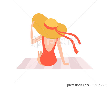 Girl in Red Swimsuit and Straw Hat Sitting on Beach, Back View, Beautiful Young Woman Enjoying 53673660