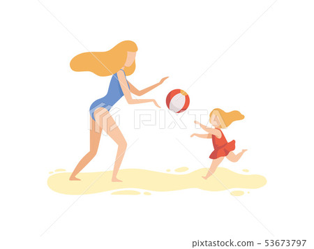 Mother and Her Daughter Playing with Ball on Beach, Happy Family Enjoying Summer Vacation on Mother and Her Daughter Playing with Ball on Beach, Happy Family Enjoying Summer Vacation on 53673797