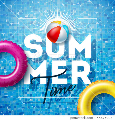 Summer Time Illustration with Float and Beach Ball on Water in the Tiled Pool Background. Vector Summer Time Illustration with Float and Beach Ball on Water in the Tiled Pool Background. Vector 53673902