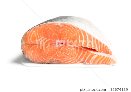 Big slice of fresh salmon. Raw red fish steak. Pho Big slice of fresh salmon. Raw red fish steak. Pho 53674119