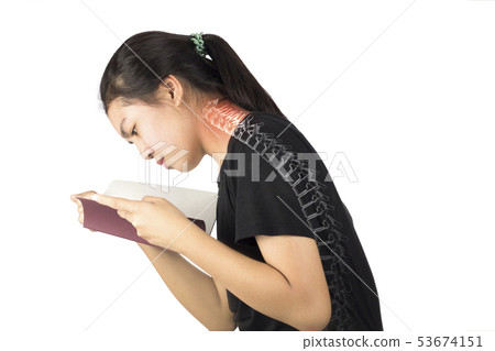 woman read book neck pain office syndrome woman read book neck pain office syndrome 53674151