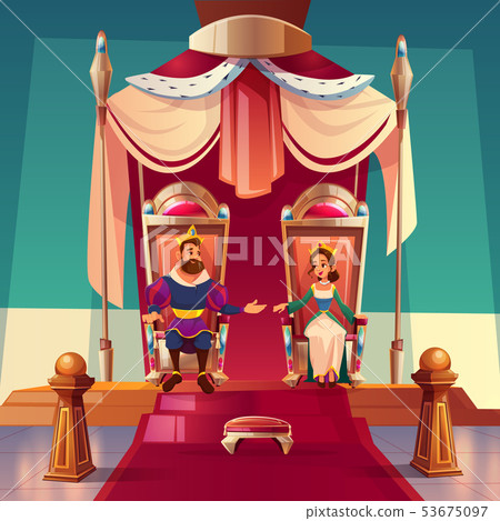 King and queen sitting on thrones in palace. Royal 53675097
