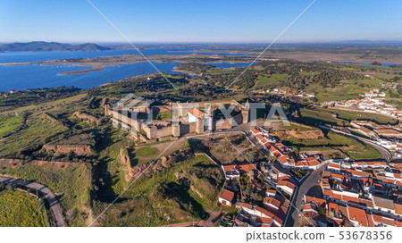 Aerial. View from above village and castle Mourao, district Evora. Portugal. 53678356