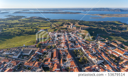 Aerial. View from above village and castle Mourao, district Evora. Portugal. Aerial. View from above village and castle Mourao, district Evora. Portugal. 53679514