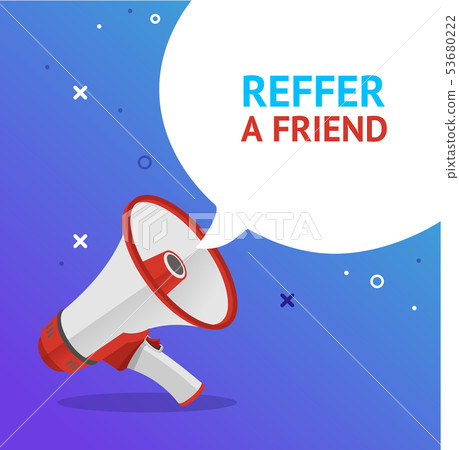 Reffer a Friend Banner Poster Card with Loudspeaker. Vector Reffer a Friend Banner Poster Card with Loudspeaker. Vector 53680222